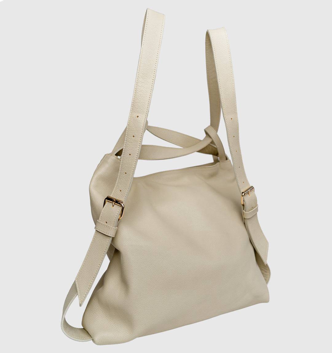AMARA Convertible Leather Tote Beige, crafted for dynamic lifestyles with a soft leather exterior, zipped closure, tote to backpack