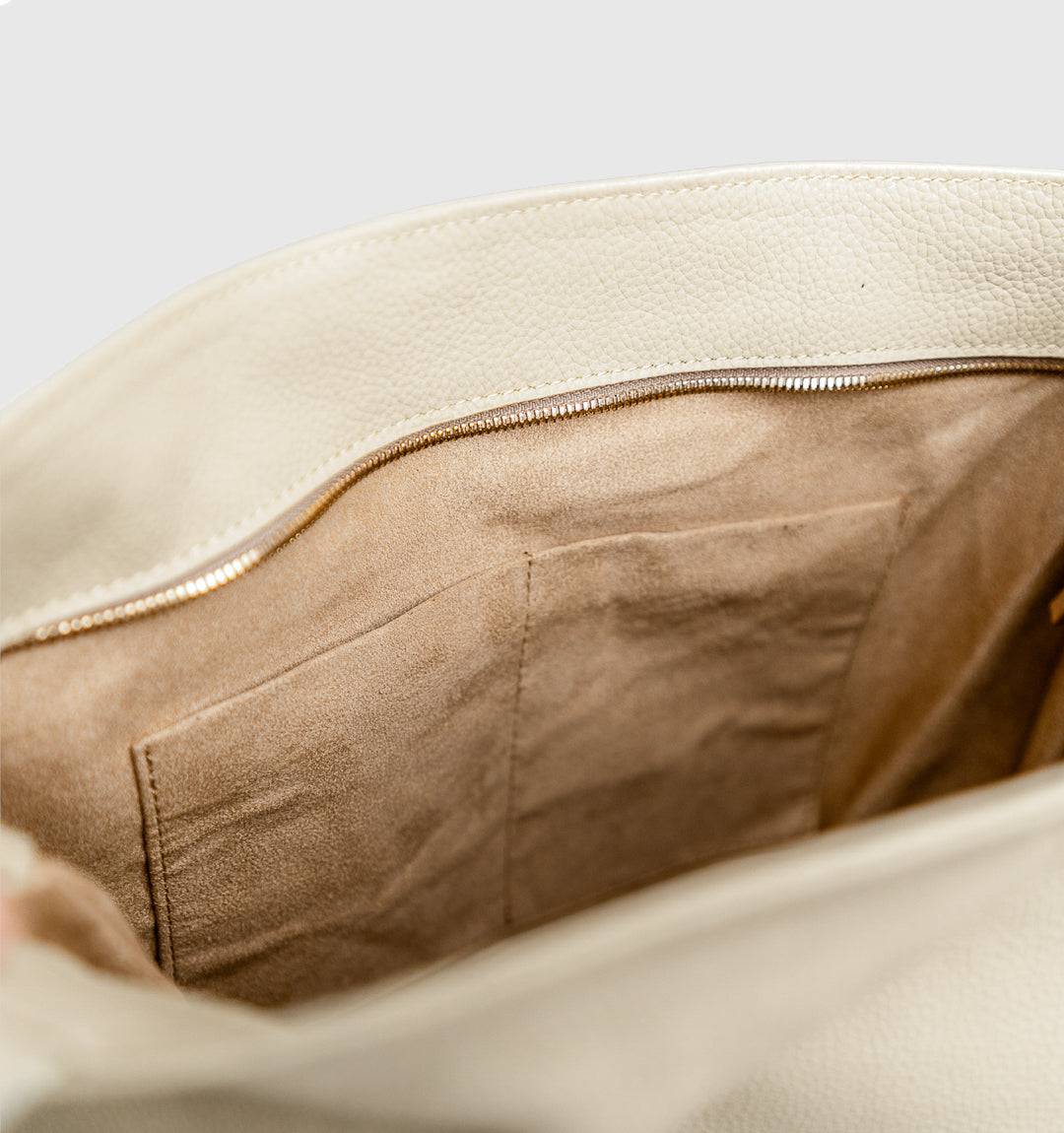 AMARA Convertible Leather Tote Beige, made for seamless transitions with adjustable straps, interior compartment