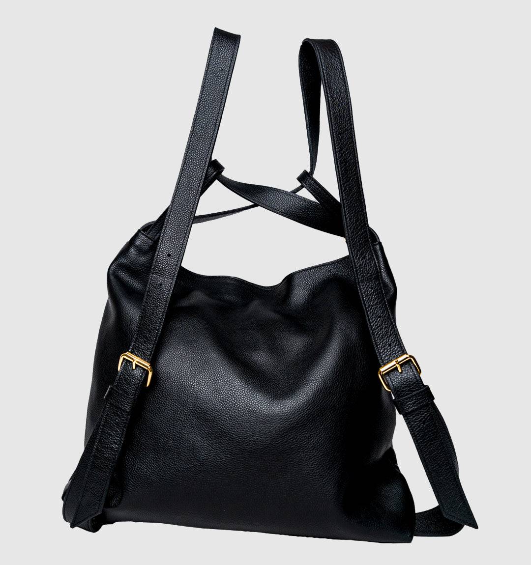 AMARA Convertible Leather Tote Bag Black, effortlessly transforms from a tote to a backpack with adjustable straps