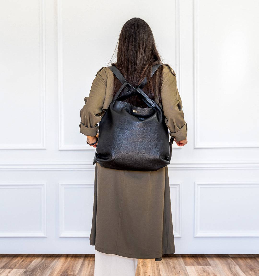 AMARA Convertible Tote Bag in Black Leather, versatile 2-in-1 design worn as a tote or backpack