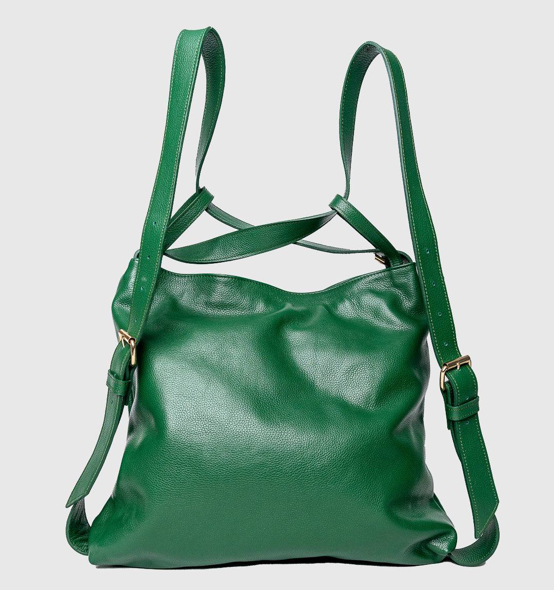 AMARA Convertible Leather Tote Green, a lightweight essential for daily use, featuring adjustable straps and finest leather