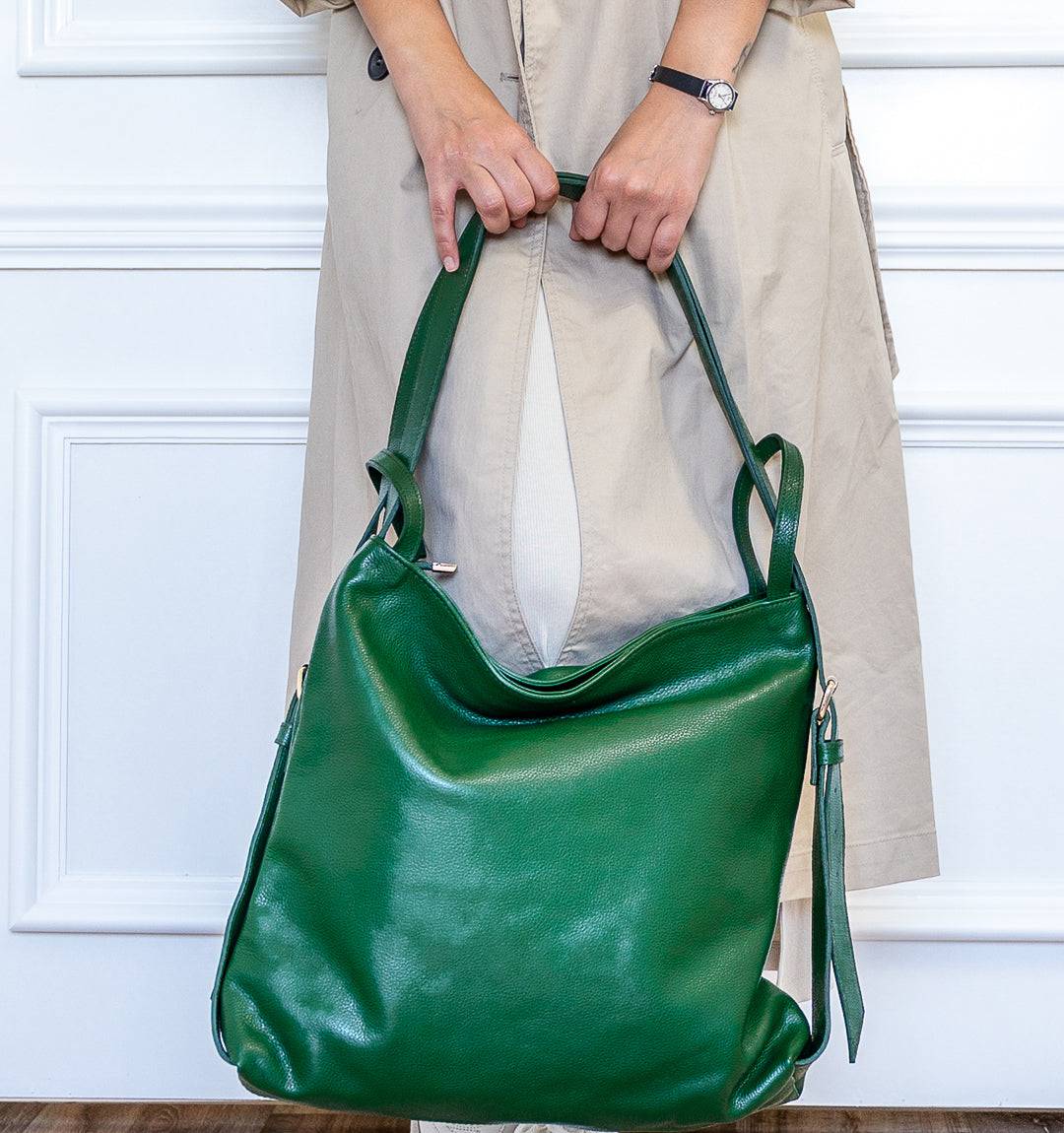 AMARA Convertible Leather Tote Green, designed for movement with a hands-free backpack