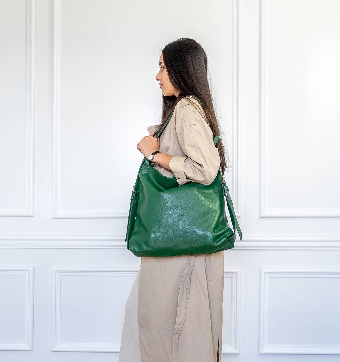 AMARA Convertible Leather Tote Green, a must-have for modern professionals, finest leather, adjustable straps, and a lightweight frame