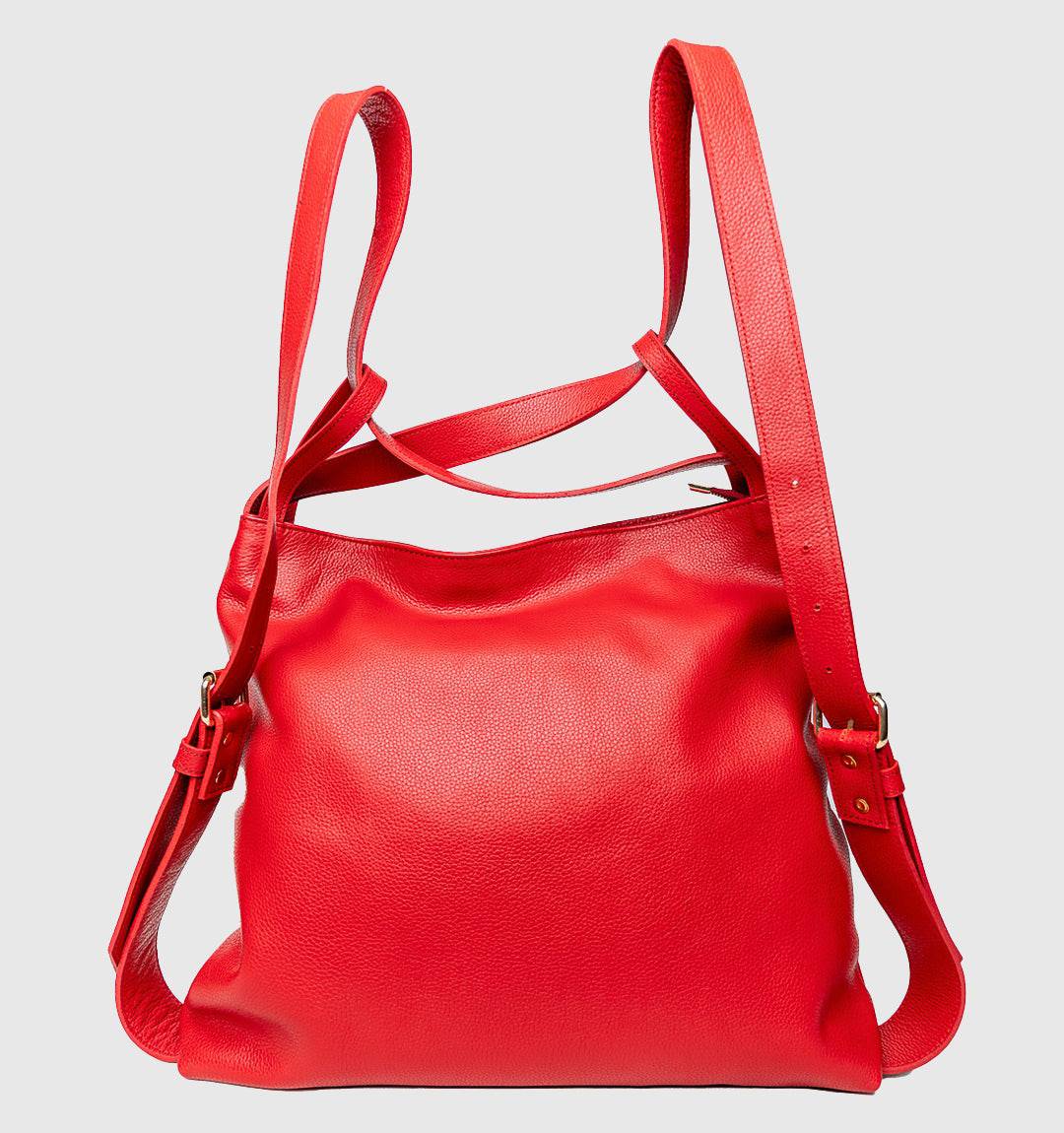 AMARA Convertible Leather Tote Bag Red, seamlessly converts from a tote to a backpack, offering effortless style and hands-free convenience.