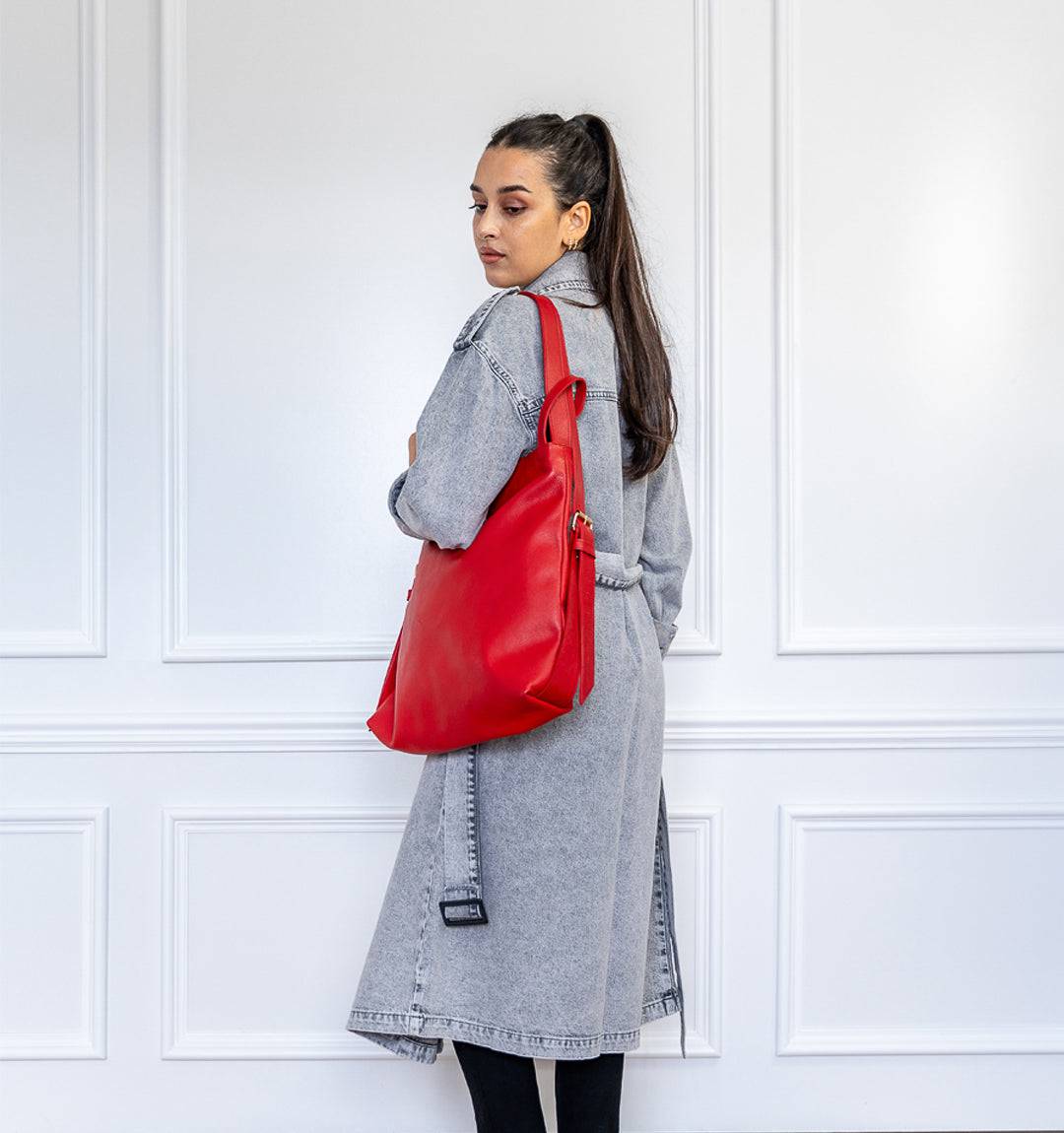 AMARA Convertible Leather Tote Bag Red, effortlessly transforms from a tote to a backpack, offering spacious storage and an elegant design.