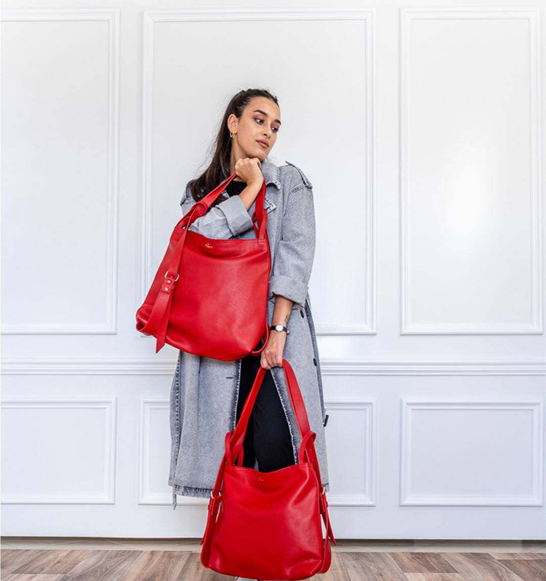 AMARA Convertible Tote Bag Red, effortlessly transitioning between a tote and a backpack.