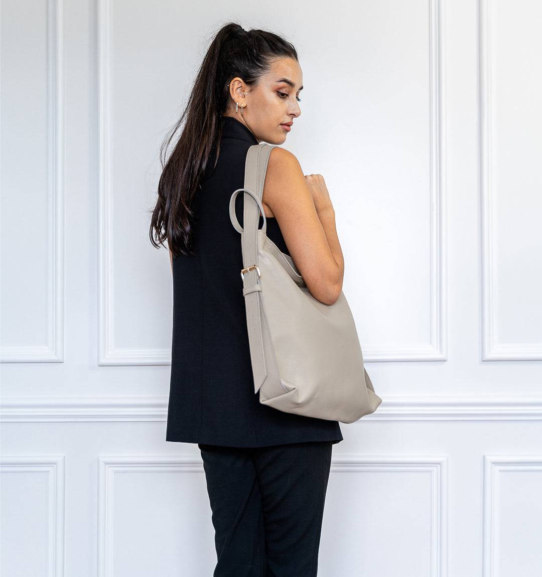 AMARA Convertible Leather Tote Bag in Grey, minimalist design with adjustable straps for comfort and style.
