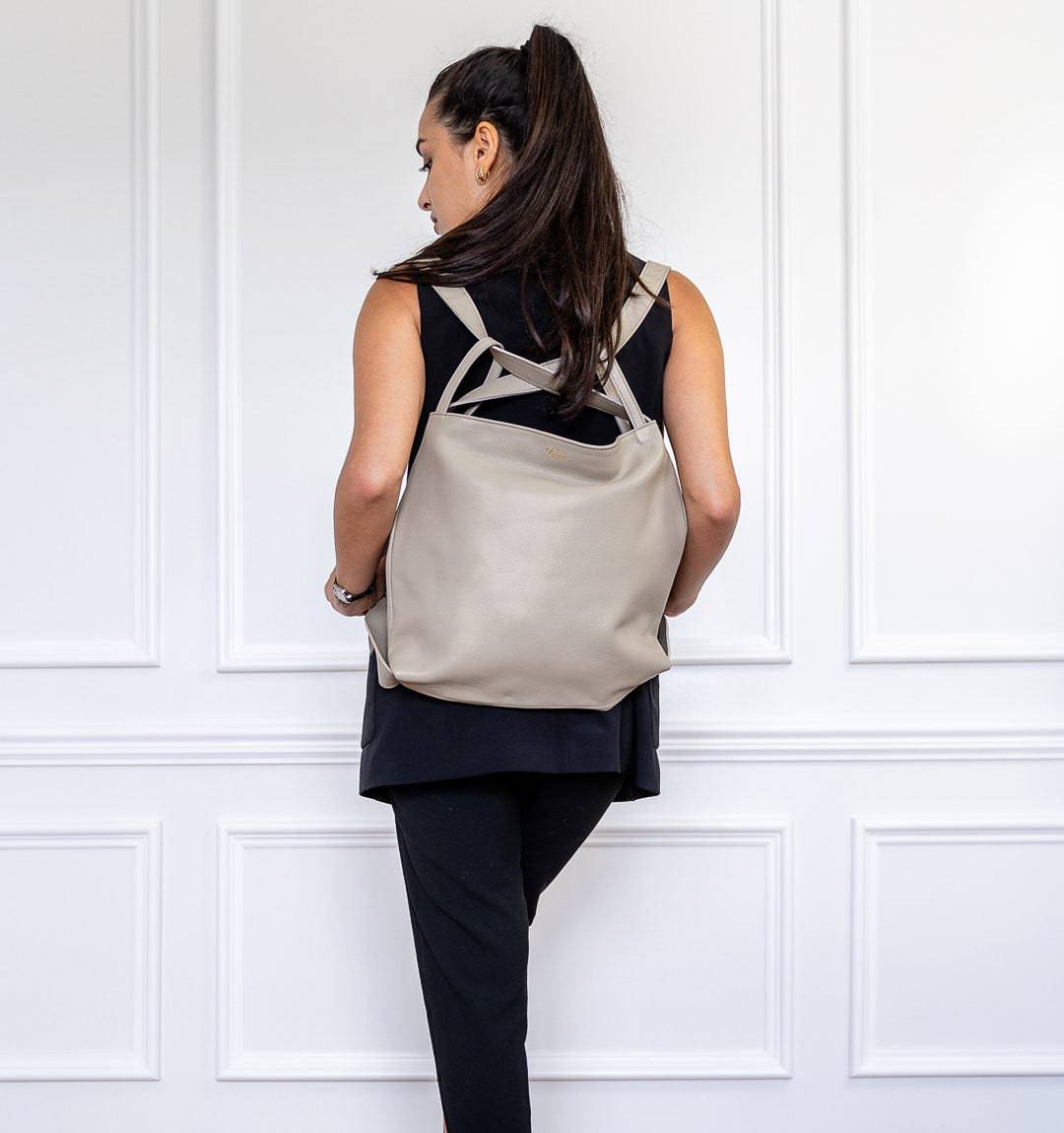 AMARA Convertible Tote Bag in grey Leather, versatile 2-in-1 design worn as a tote or backpack