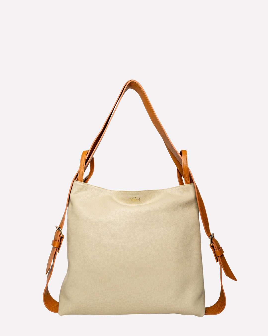 Front view of the FULERI Convertible AMARA Dual Tote Bag in Dune Beige, showcasing its premium leather finish, adjustable straps, and convertible design for versatile wear