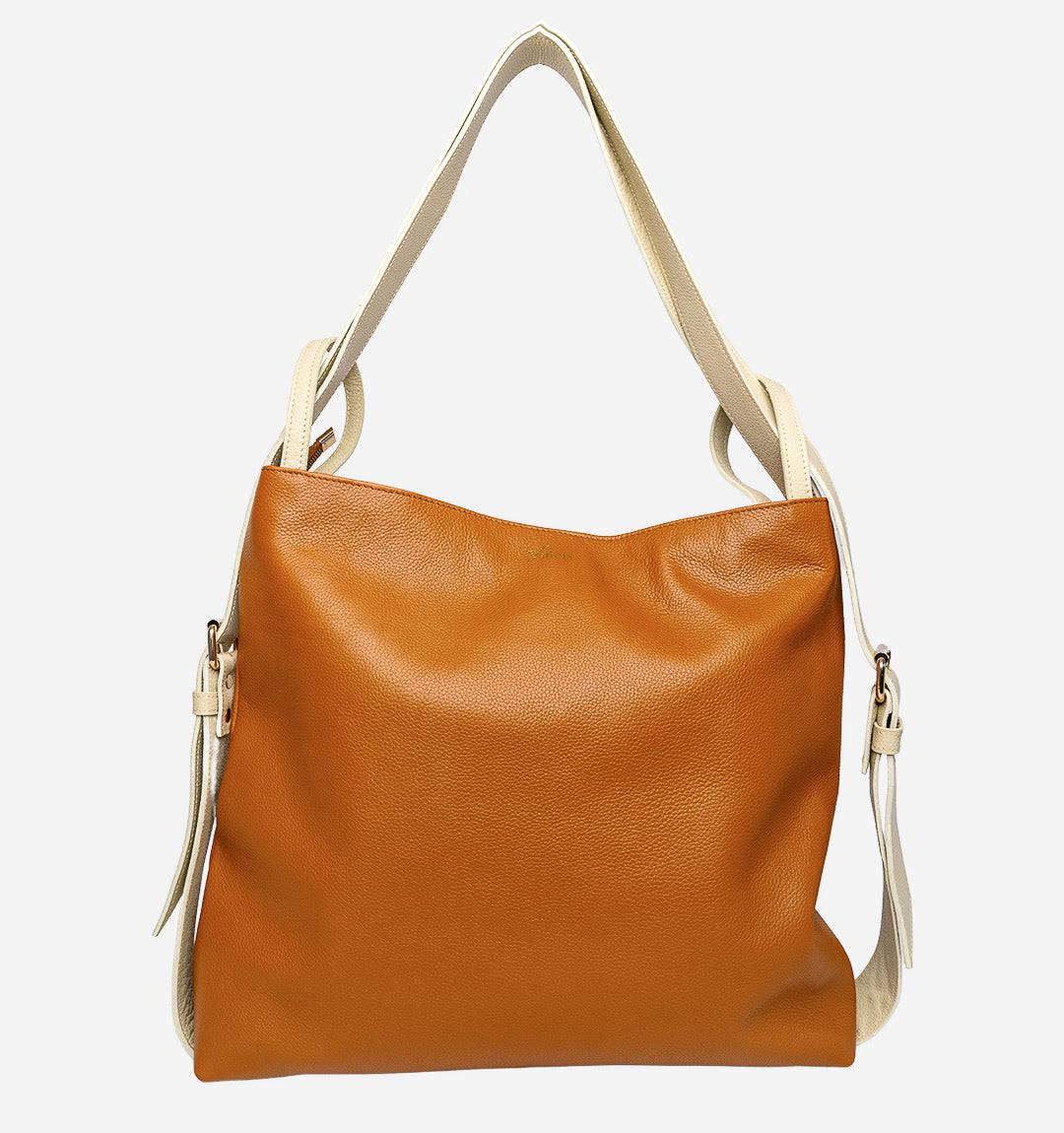 Front view of the FULERI Convertible AMARA Dual Tote Bag in Sandstone Tan, featuring premium leather and adjustable two-tone straps.