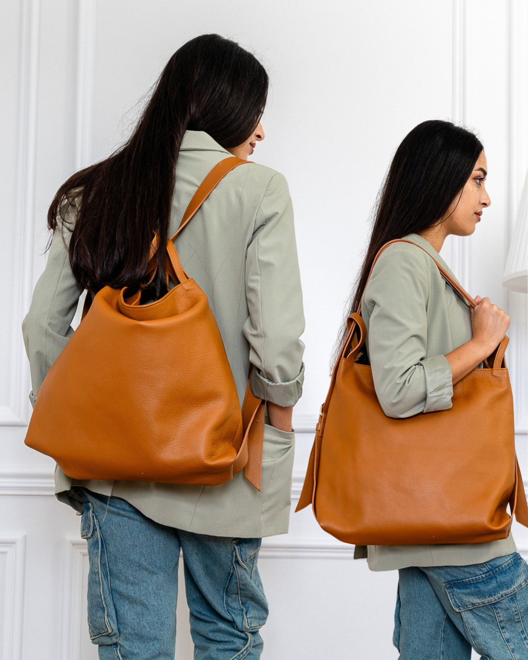 Fuleri convertible leather tote bag in tan, shown as both a shoulder bag and a backpack.