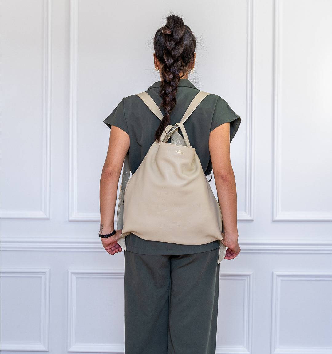 AMARA Convertible Leather Tote Beige, redefines functionality with a spacious interior, smooth zipper closure, and finest leather exterior.