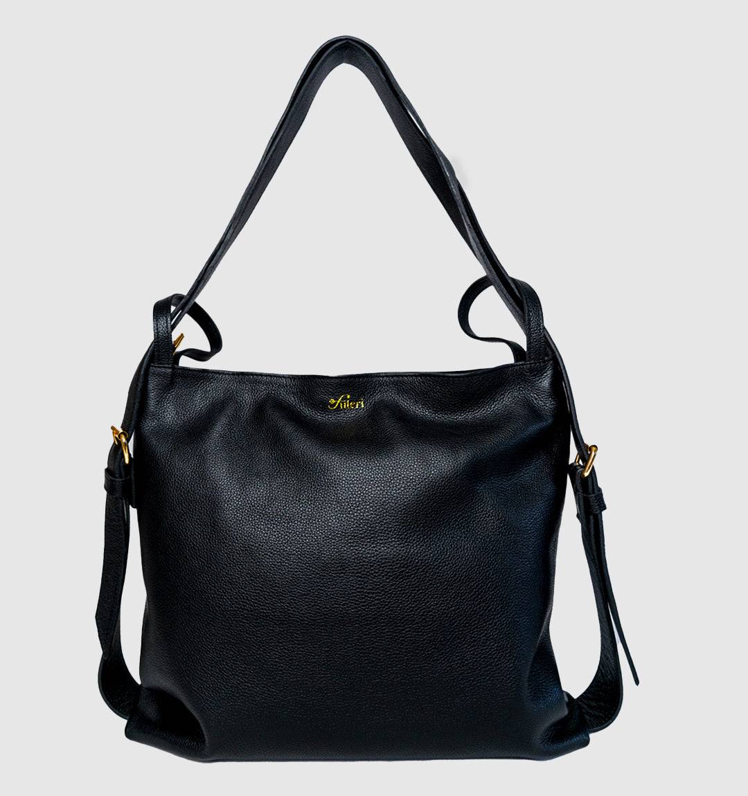 AMARA Convertible Leather Tote Bag Black, designed for busy lifestyles with a secure zippered top, interior compartment, and a convertible strap system.