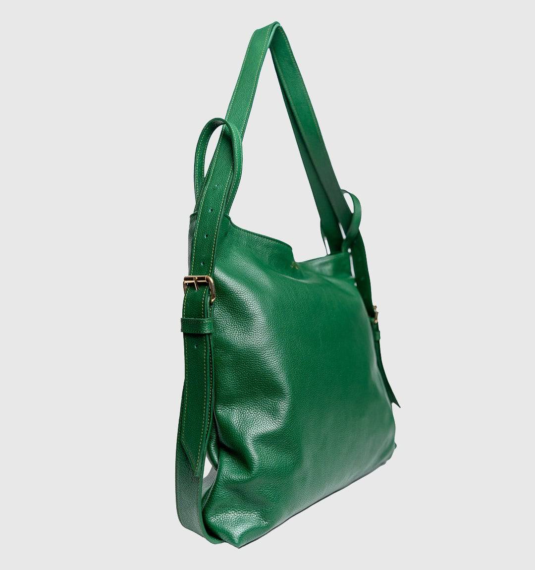 AMARA Convertible Leather Tote Green, effortlessly transition from tote to backpack with adjustable straps, finest leather