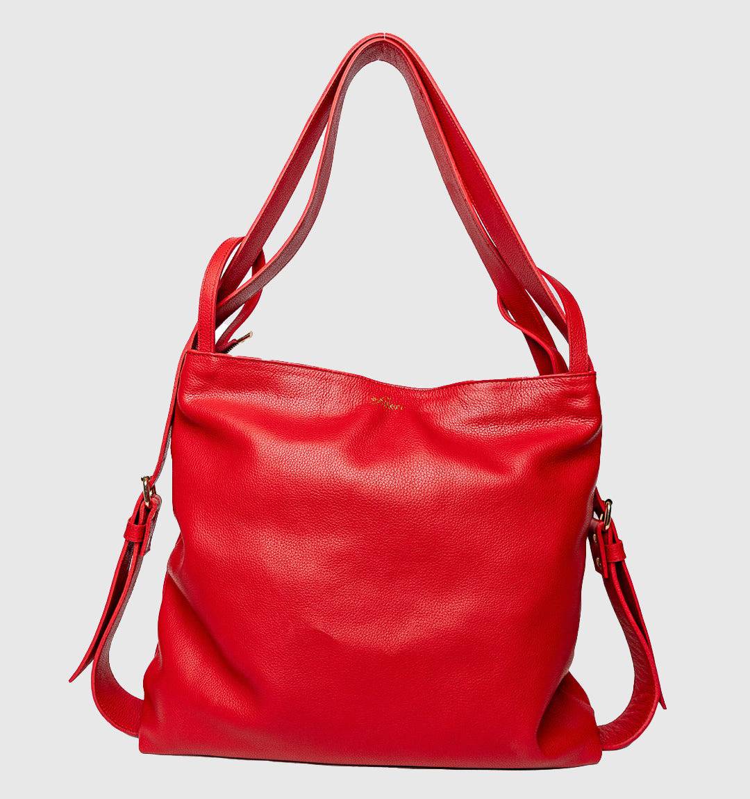 AMARA Convertible Leather Tote Bag Red, ideal for work and travel, featuring a multi-pocket, lightweight and comfy adjustable straps