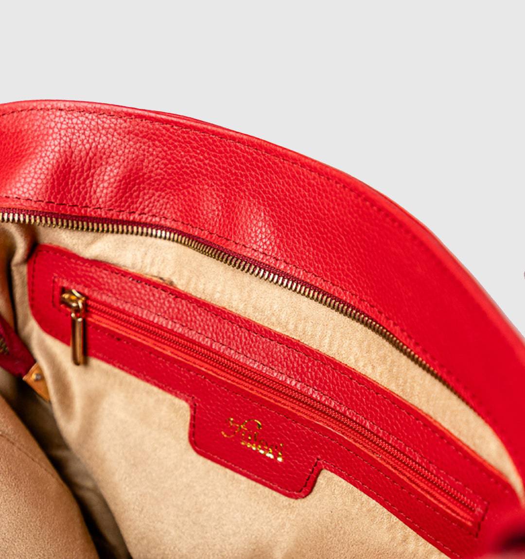 AMARA Convertible Leather Tote Bag Red, spacious dual-compartment interior and zipper pocket