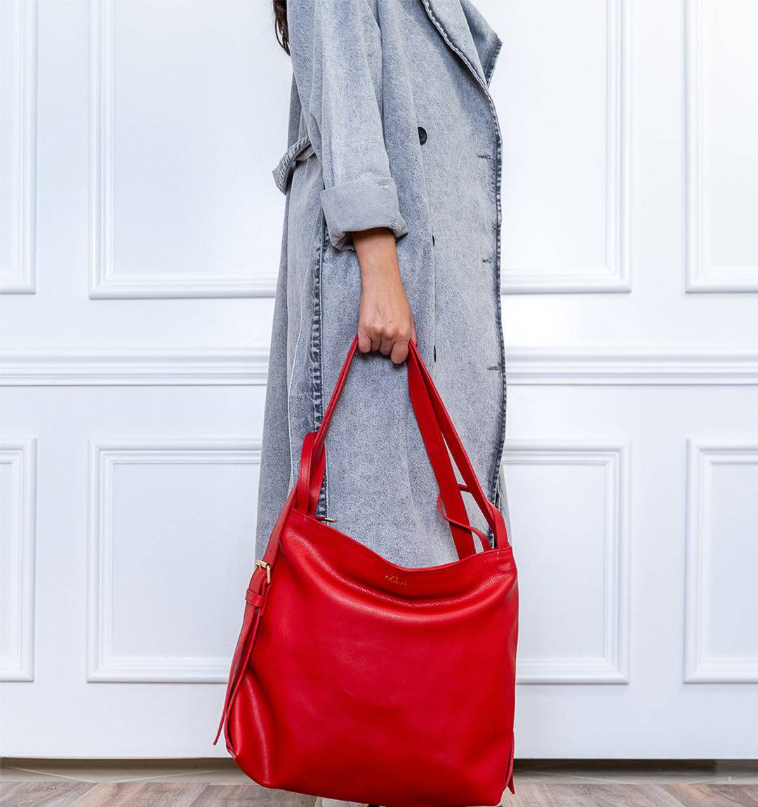 AMARA Convertible Leather Tote Bag Red, crafted with premium leather, featuring ergonomic straps for all-day comfort.