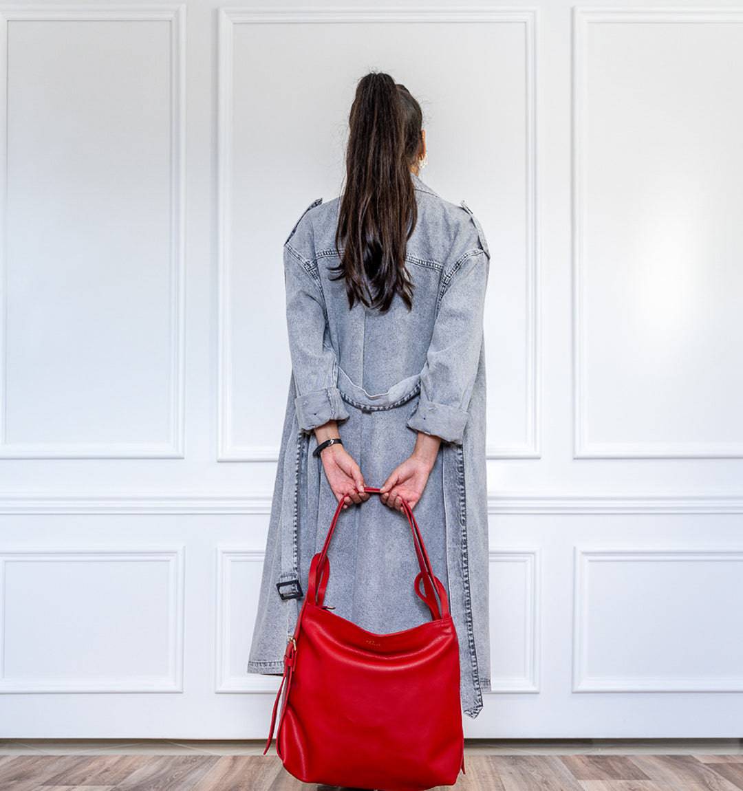 AMARA Convertible Leather Tote Bag Red, a lightweight yet durable everyday essential with a secure zippered closure and multiple compartments.