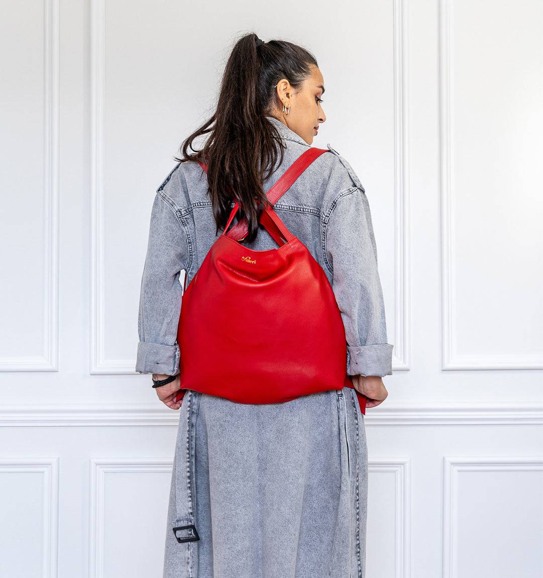 AMARA Convertible Tote Bag in Red Leather, versatile 2-in-1 design worn as a tote or backpack